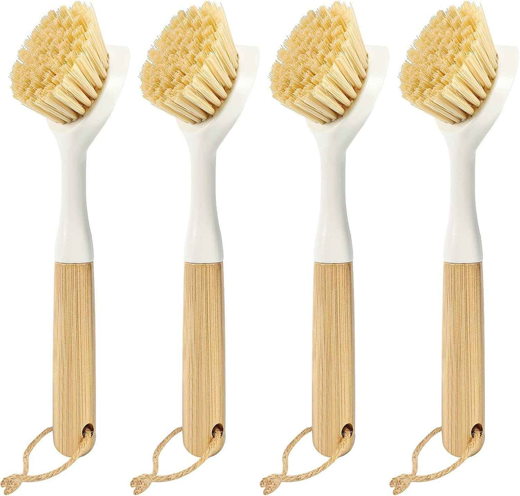 Bamboo dish scrubber brush set with built-in scraper for eco-friendly kitchen cleaning