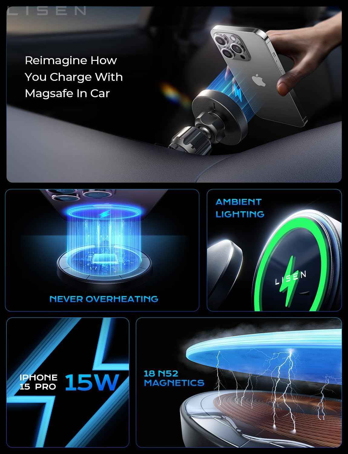 15w magsafe car mount charger for iphone 17-12, samsung, pixel - magnetic wireless cars charger