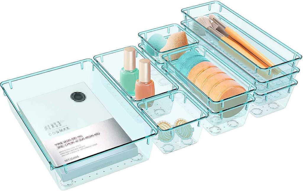 16 PCS Drawer Organizer Set, 5 Varied Size Bathroom and kitchen Drawer cabinet organizer Trays, Clear Storage Bins for Makeup, Jewelry, Utensils and Gadgets