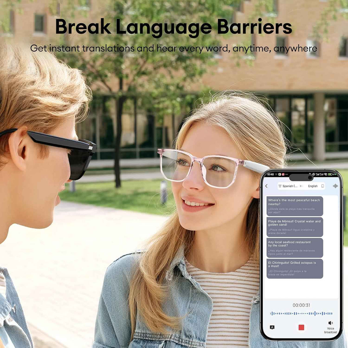 AI Smart Glasses HY-C8 White with Bluetooth 5.4 Translation and Blue Light Filtering for Men and Women