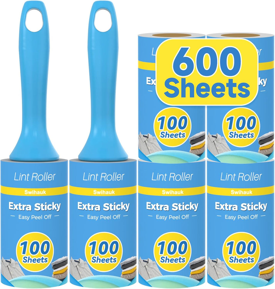 Swihauk 600 Sheets Extra Sticky Lint Rollers for Pet Hair, Easy Spiral Tear Lint Roller for Clothes with Ergonomic Handle, MultiPLrpose Lint Remover for Furniture, Carpet, Car Seat