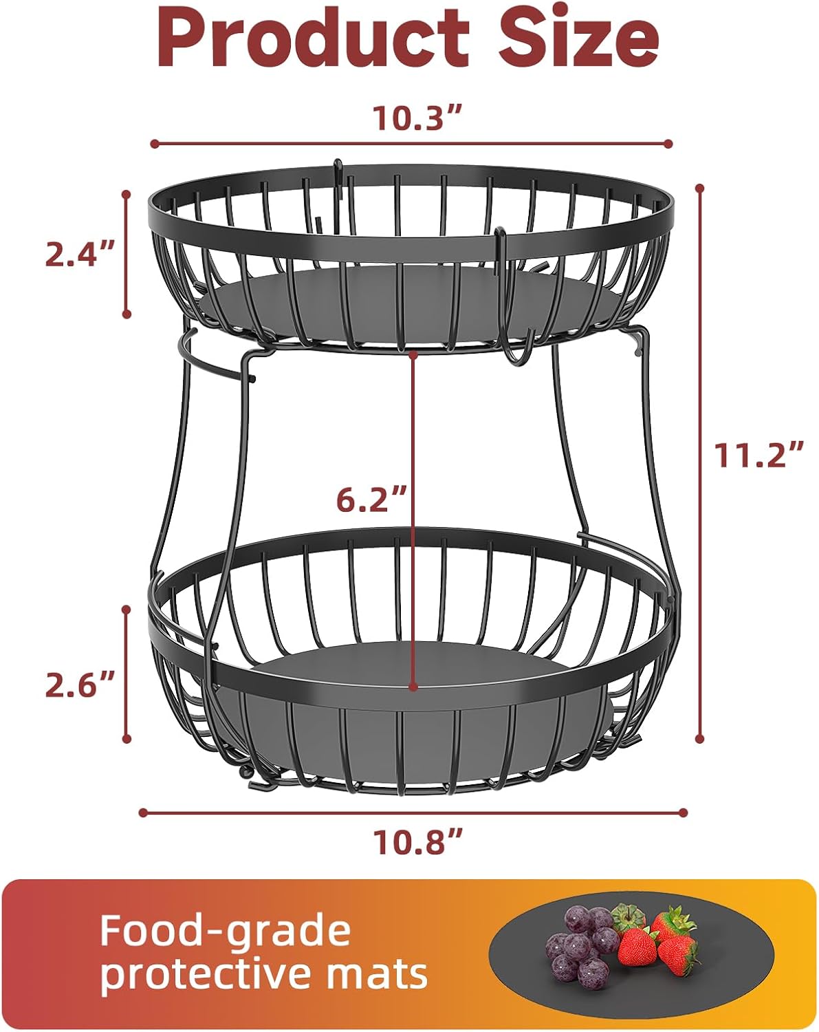 2 Tier Large Fruit Basket for Kitchen Counter with 2 Banana Hangers, Metal Stackable Fruit Bowl for Kitchen Counter for Bread Vegetable Fruits, Black