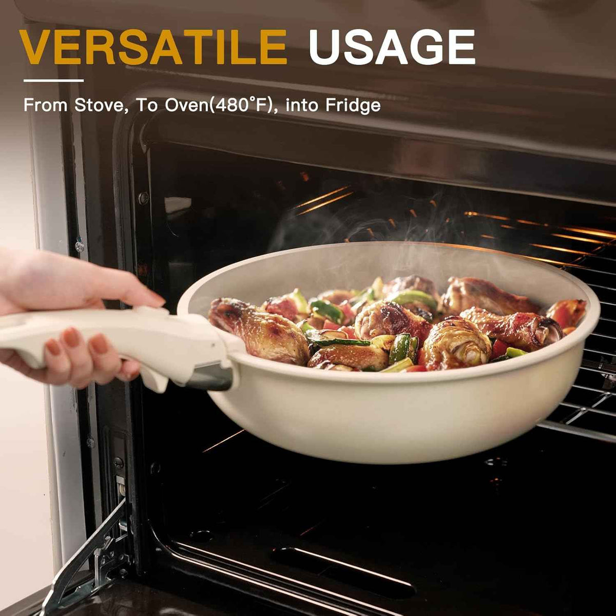 Astercook 21 Pcs Ceramic Non-stick Cookware Set, Detachable Handles, Oven Safe, Induction Ready, Stackable, Cream White