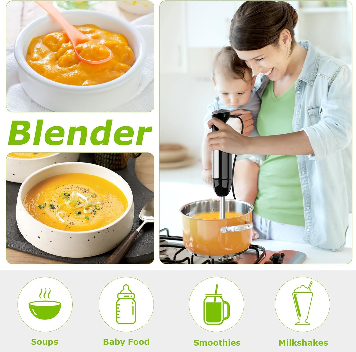 Bonsenkitchen Immersion Blender Handheld with Food Processor, 20 Speeds Hand Blender with Turbo Mode, Stainless Steel Blade, Egg Whisk, Beaker & Chopper Bowl, Hand Mixer for Smoothie, Soup, Baby Food
