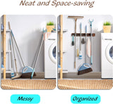 Mop and Broom Holder Wall Mount - Rustic Wood Broom Mop Hanger - Wall Mounted Garden Tool Rack Organizer for Closet Garage Laundry Room Kitchen Decor With 4 Slots & 4 Hooks - PureLivingMart