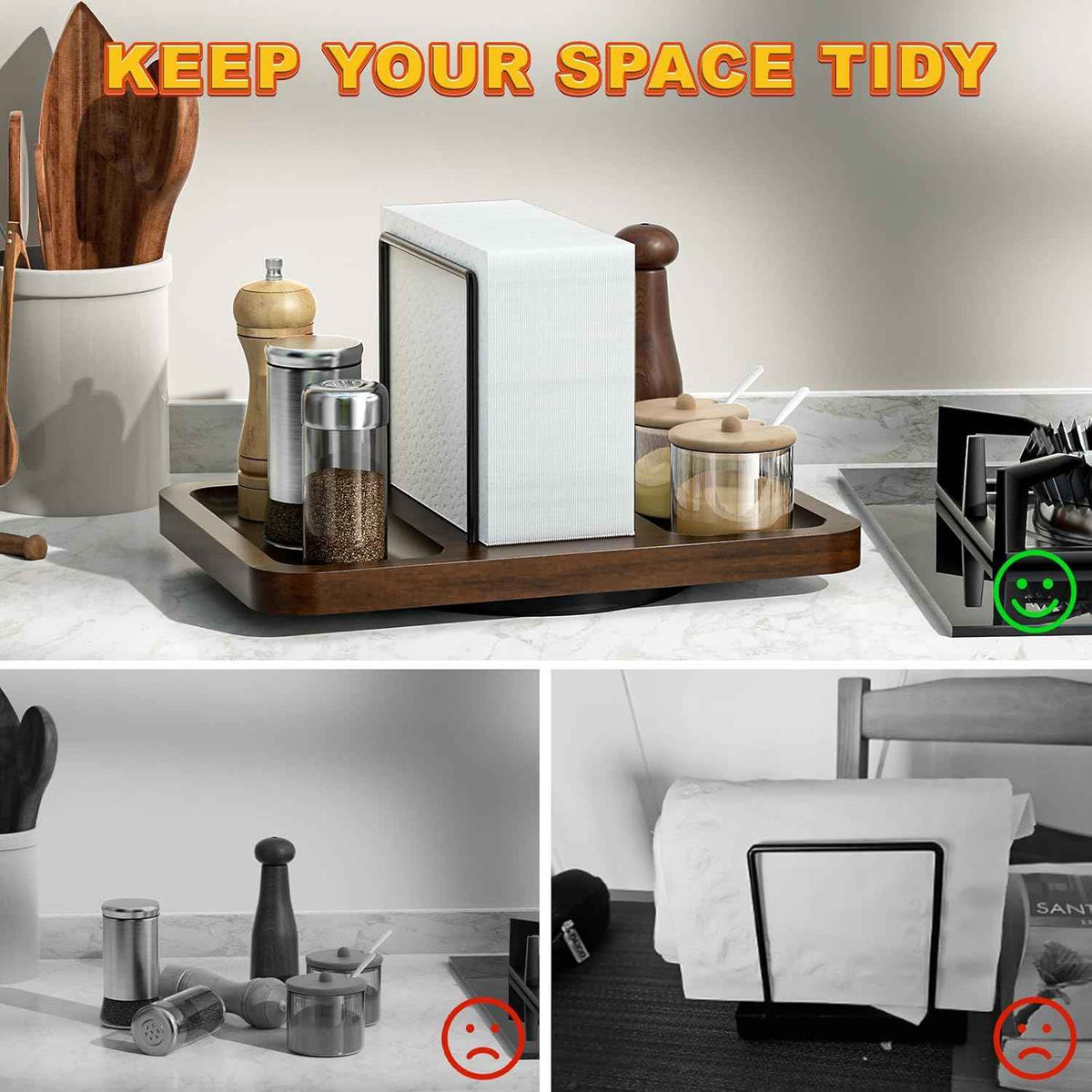 Napkin Holder for Table, Rotating Metal Napkin Dispenser with Salt and Pepper Shakers Caddy Standing Paper Towel Holder for Bathroom Kitchen Dining Table Decor Not Including Shakers