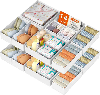 DIMJ Drawer Organizer Clothes, 12 Pack Dresser Organizer, Foldable Closet Organizers and Storage, Fabric Dresser Bins, Drawer Dividers for Nursery, Baby Clothes, Underwears, Sock (Beige)