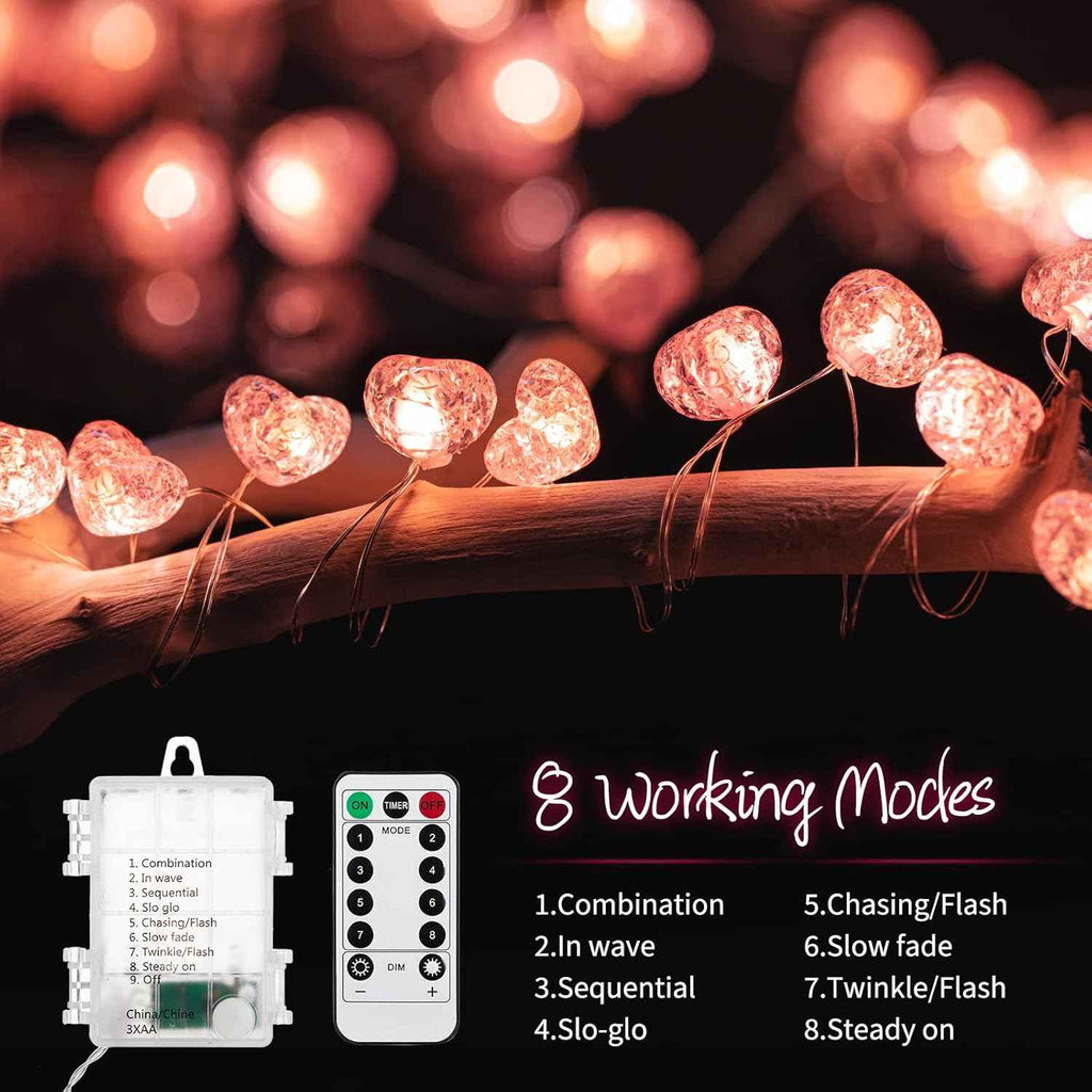 Battery Operated 10.5ft 30 LED Pink Heart Fairy String Lights with Timer and Remote