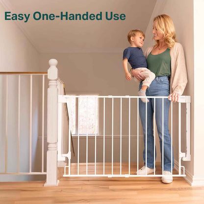 Cumbor 29.2–43" Baby Gate for Stairs, Wall-Mounted (Drill Required), Expandable No Bottom Bar Dog Gate, Auto Close Extra Wide Walk Thru, Pet & Toddler Proof Gate, Top & Bottom of Stairways (White)