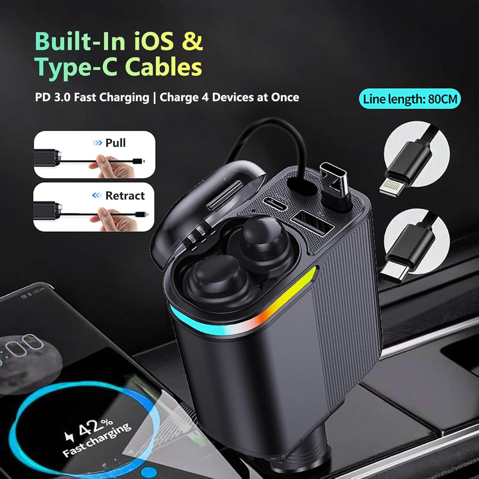 MLVOC 120W Fast Charging Car Charger with Earbuds, Retractable 4-in-1 USB-C & Lightning for iPhone & Android (Black) - PureLivingMart