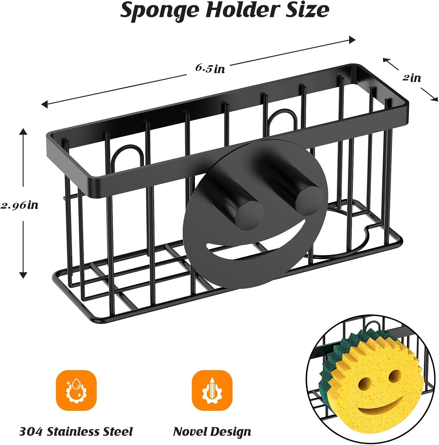 Sponge Holder Smiley Face, Sink Caddy for kitchen Sink, Kitchen Organizer Sponge Holder with 2 PCS Suction Cups/1 PCS Adhesive Strips, Designed for Sponge, Soap, Dish brush, Scrubber-Black