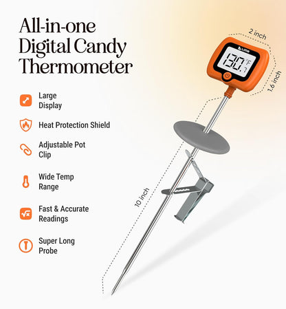 Digital Candy Thermometer with Pot Clip, 10" Long Stainless Steel Probe, Instant Read Kitchen Thermometer for Cooking, Baking, and Candy Making