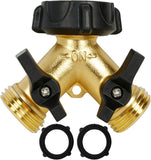 Hourleey Brass Garden Hose Splitter 2 Way, 3/4 Inch Hose Connector Tap Splitter, Hose Y Splitter, Hose Spigot Adapter 2 Valves with Extra Rubber Washers