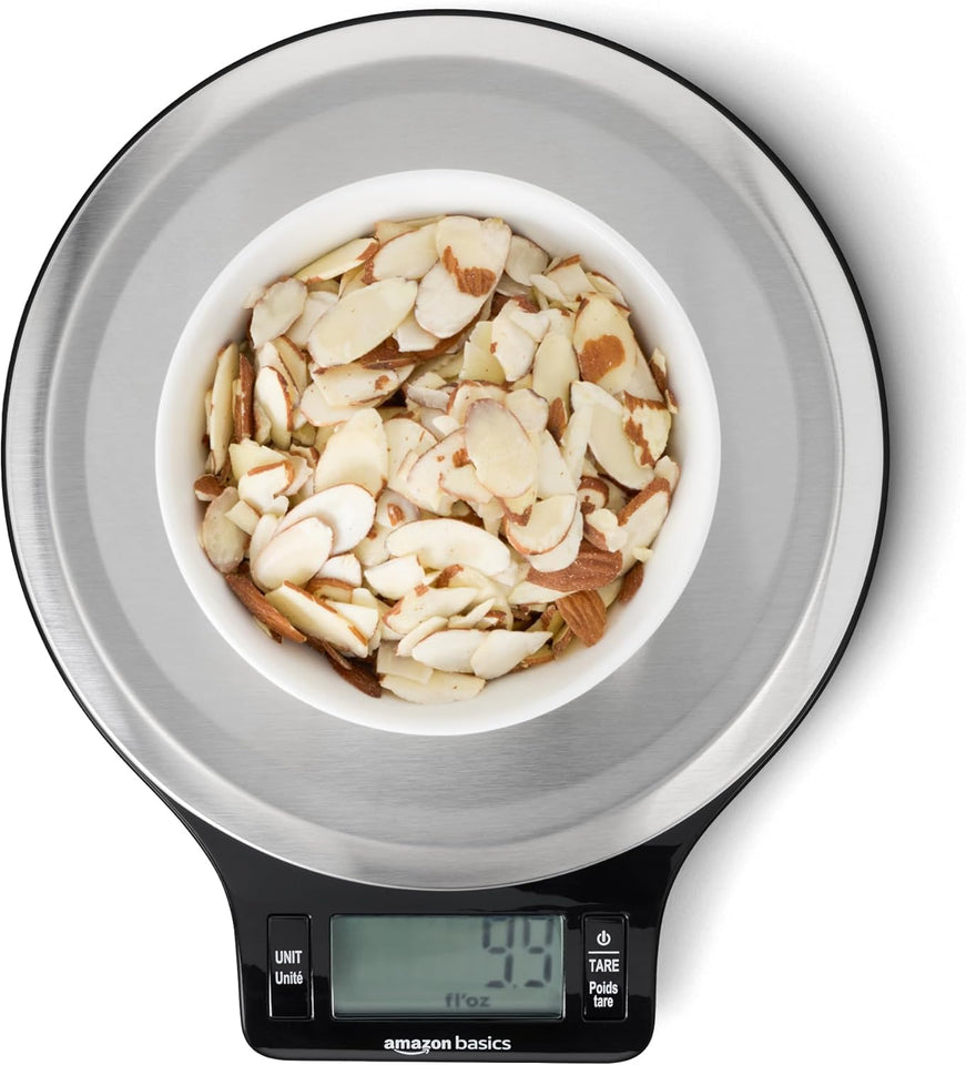 Amazon Basics Digital Kitchen Scale with LCD Display, Tare Function, Multiple Units, Weighs up to 11 Pounds, Batteries Included, Black and Stainless Steel