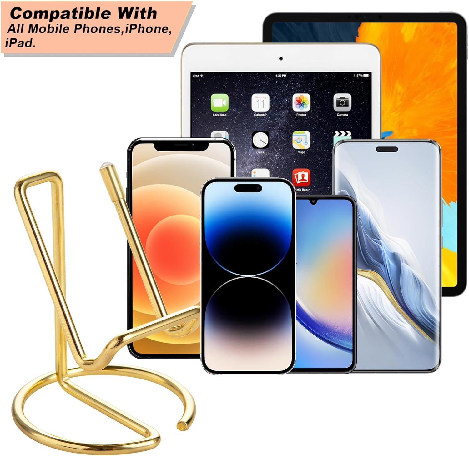 Cell Phone Stand for Desk, Cute Metal Gold Cell Phone Stand Holder Desk Accessories, Compatible with All Mobile Phones, iPhone, iPad