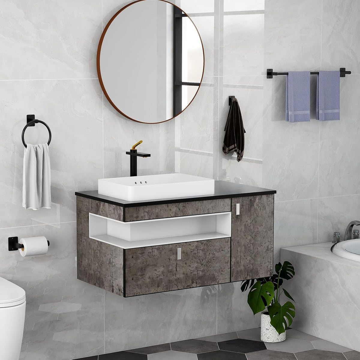 Matte Black Bathroom Accessories Set, KLJKPA 4 Pieces Bathroom Hardware Set, 24 inch Towel Bar, Towel Racks for Bathroom, Robe Towel Hooks, Toilet Paper Holder Wall Mounted
