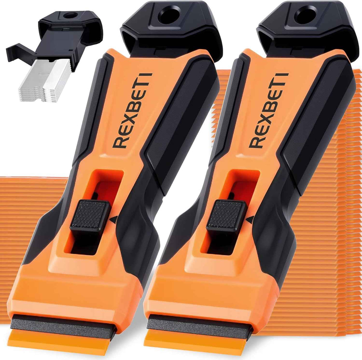 REXBETI Razor Blade Scraper Tool, 2 Pack Razor Scraper Set with Extra 80Pcs Razor Blades -30Pcs Metal and 50Pcs Plastic Blades, Cleaning Scraper Tool, Cooktop, Paint, Glass Scraper