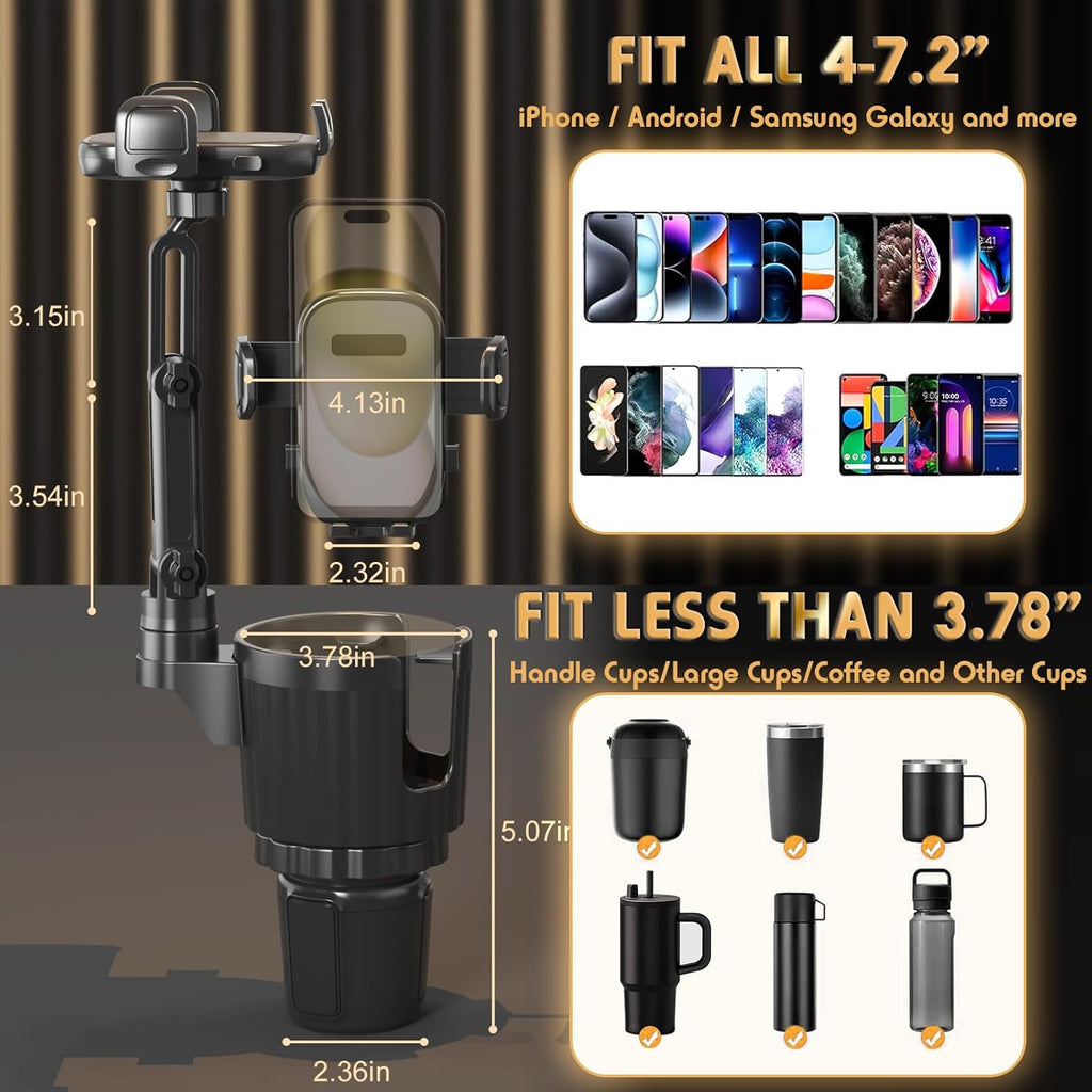 2-in-1 universal car cup holder phone mount with 360° rotation adjustable grip fits most vehicles