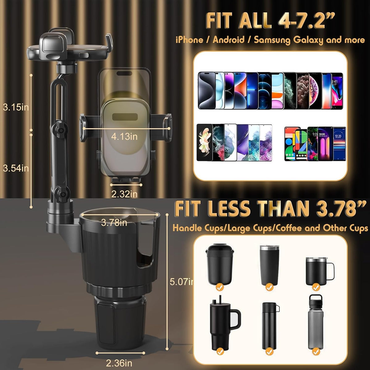 2-in-1 universal car cup holder phone mount with 360° rotation adjustable grip fits most vehicles
