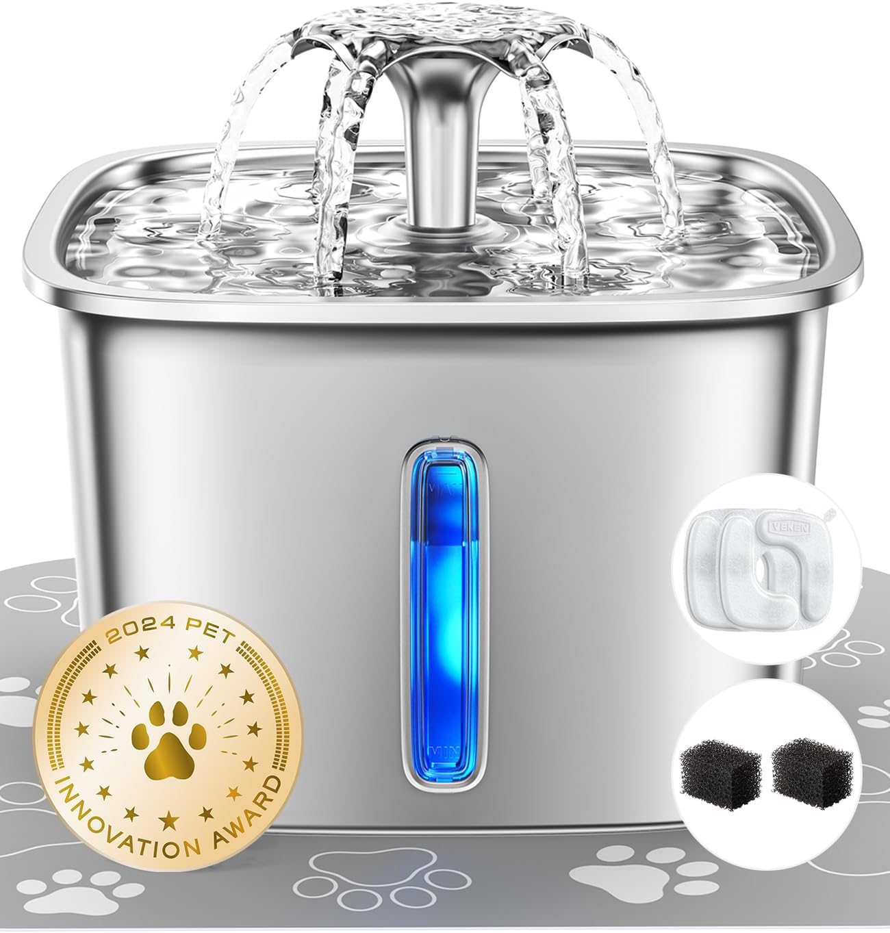 Veken Innovation Award Winner Stainless Steel Cat Water Fountain, 95oz/2.8L Automatic Pet Fountain Dog Water Dispenser with Replacement Filters & Silicone Mat, Gifts for Cats, Dogs (Silver)
