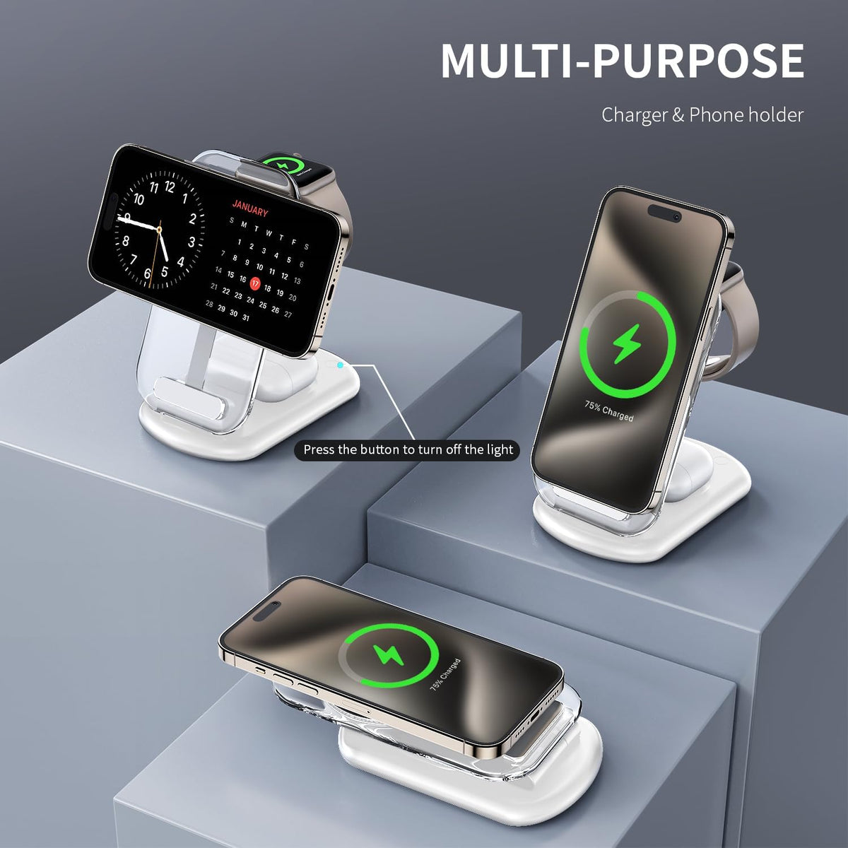 2025 MagSafe 3-in-1 charging station with night light for iPhone, Apple Watch, AirPods travel and bedside use