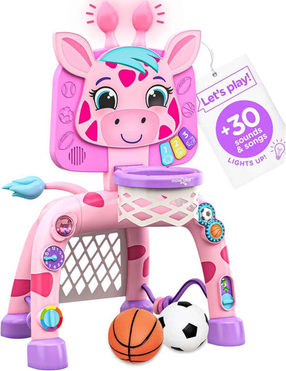 Move2Play, Giraffe Basketball Hoop & Soccer Goal Activity Center | 30+ Sounds & Lights | 1, 2, 3+ Year Old Gift & Birthday Present | 6, 12, 18, 24+ Month Toy For Baby, Toddler, Boys, & Girls