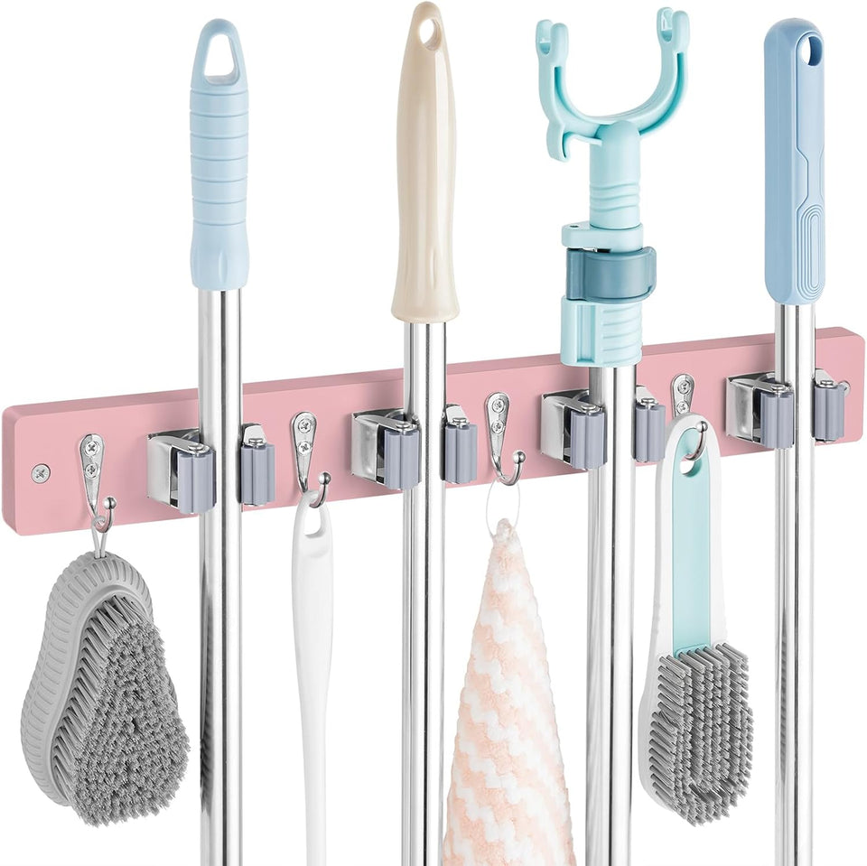 Mop and Broom Holder Wall Mount - Rustic Wood Broom Mop Hanger - Wall Mounted Garden Tool Rack Organizer for Closet Garage Laundry Room Kitchen Decor With 4 Slots & 4 Hooks - PureLivingMart