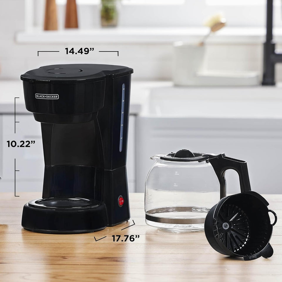 BLACK+DECKER 12-Cup Coffee Maker with Easy On/Off Switch, Easy Pour, Non-Drip Carafe with Removable Filter Basket, Vortex Technology, Black