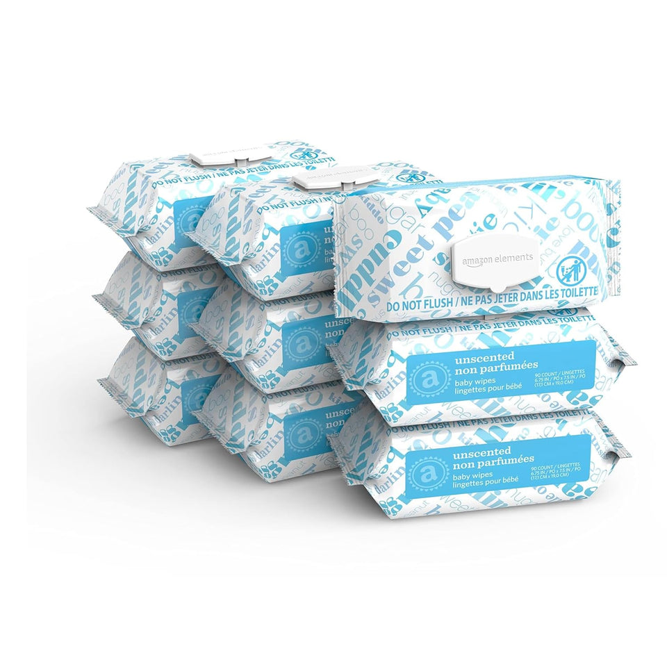Amazon Elements Baby Wipes, Unscented, Alcohol-Free, With Aloe and Vitamin E, 810 Count, Flip-Top Packs