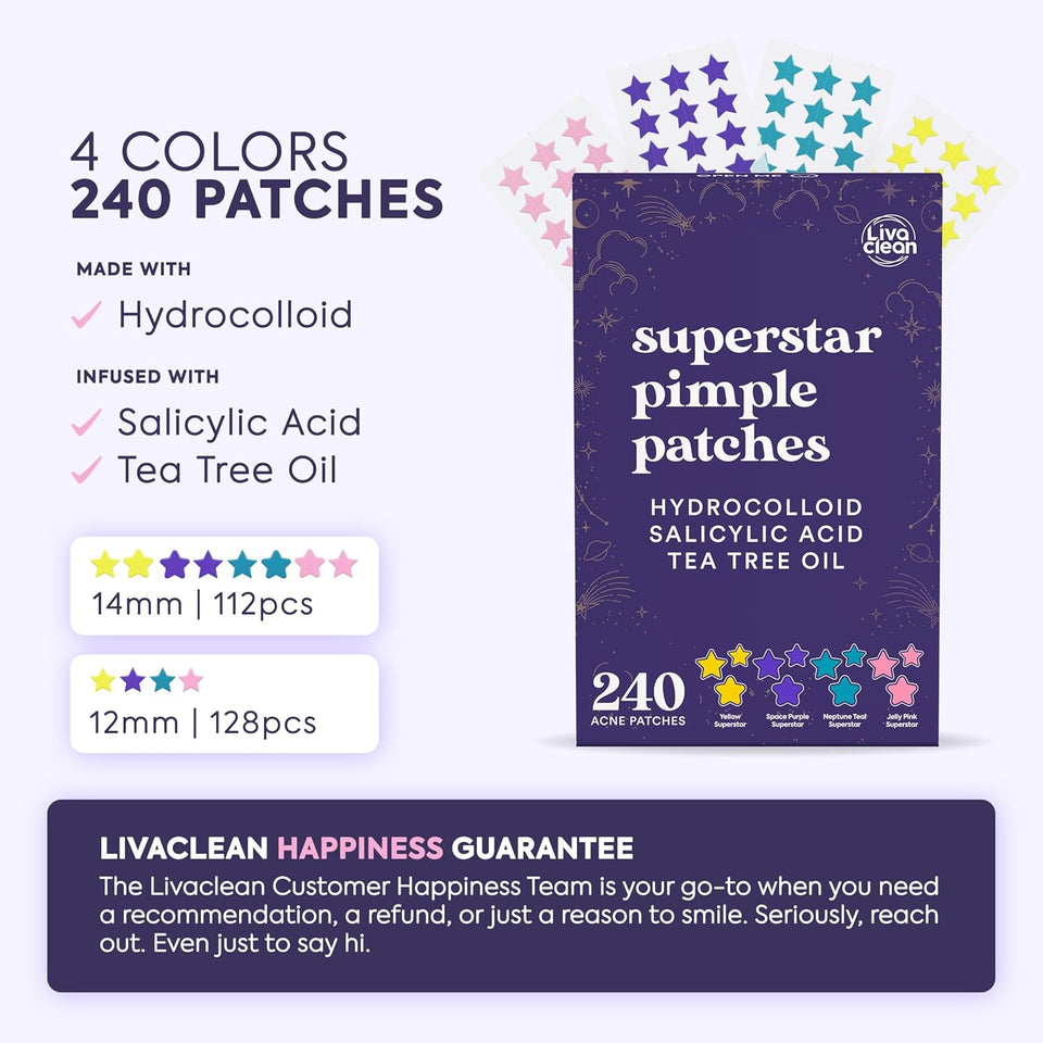 Livaclean Star Pimple Patches for Face w/ Hydrocolloid, Tea Tree oil & Salicylic Acid - Zit Stickers, Hydrocolloid Acne Patches for Face - Cute Pimple Patch, Acne Stickers | w/Hydrocolloid, Salicylic Acid, Tea Tree, Healing Stickers, Zit Superstar
