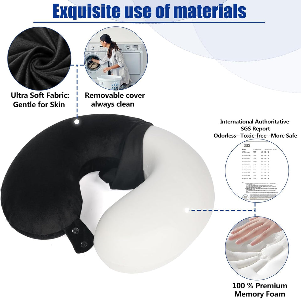 SAIREIDER Travel Pillow 100% PLre Memory Foam Travel Neck Pillow, Airplane Pillow for Traveling、Car、Home、Office，Washable Cover（Black）