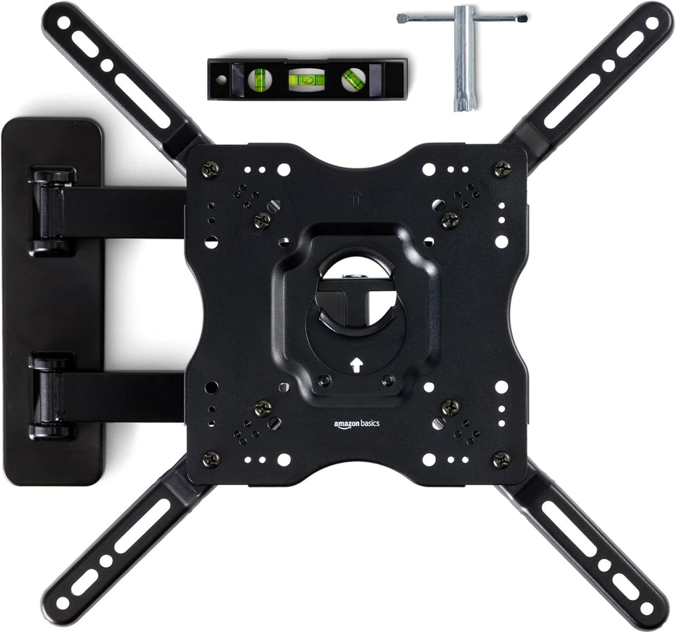 Amazon Basics Full Motion Articulating TV Wall Mount, with Swivel and Tilt, for 26" to 55" TVs and Flat Panels up to 80 Lbs, VESA Compatible, Single Stud, Black