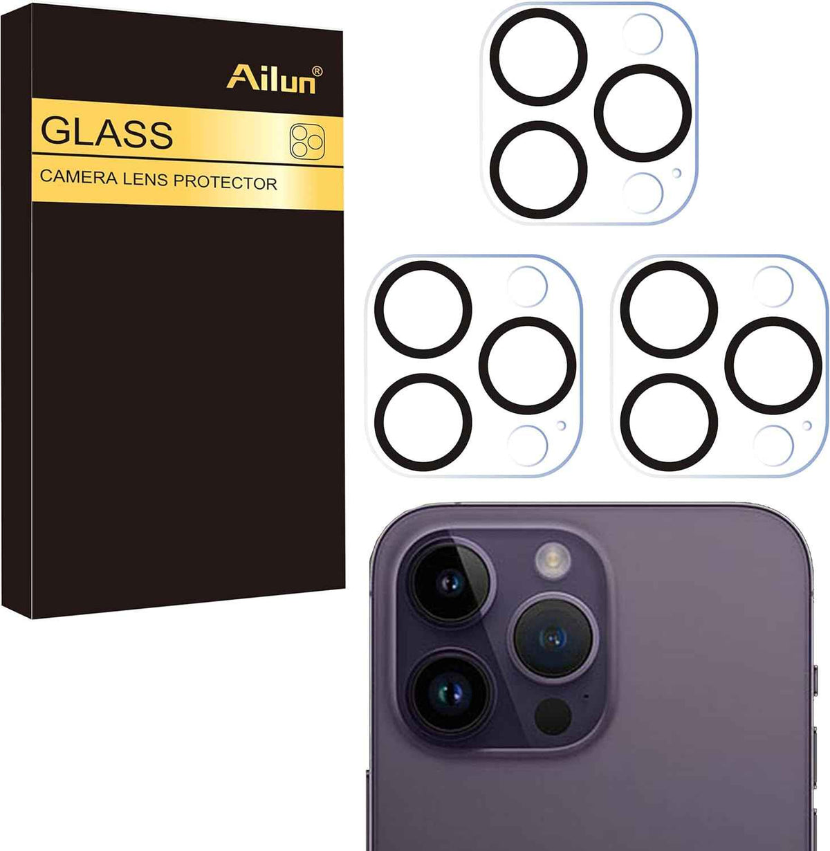 ailun 3 pack tempered glass lens protector for iphone 16 pro, 14 pro, and max models, 9h hardness, anti-scratch, case friendly