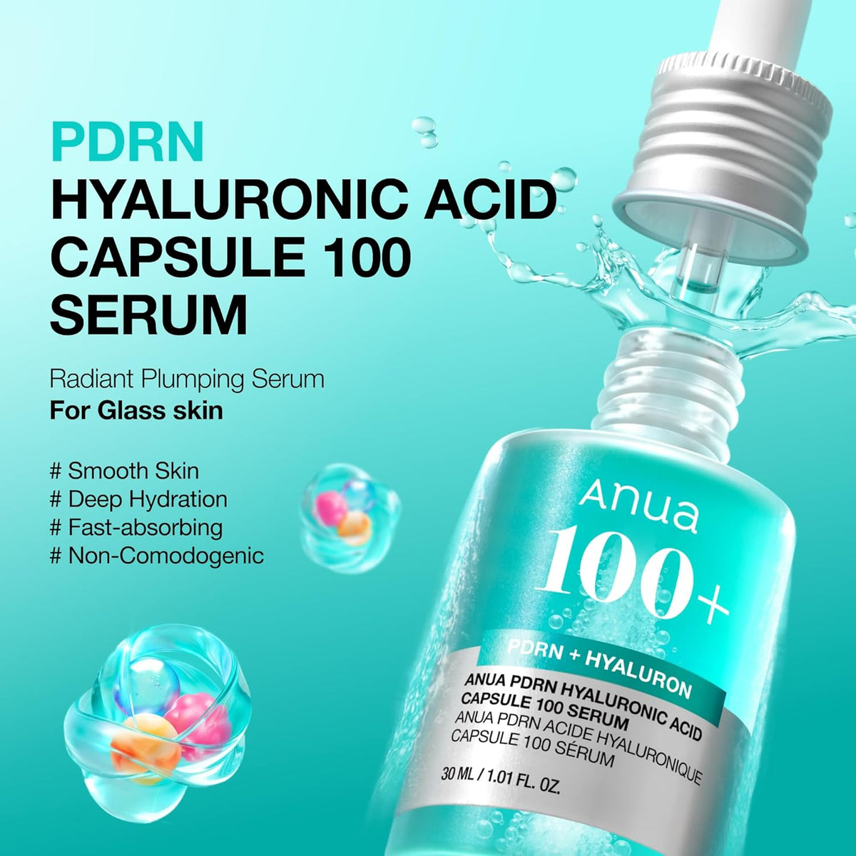 Anua PDRN Hyaluronic Acid Capsule 100 Serum, Radiant Face Serum, Salmon DNA, Hyaluronic Acid, Hydration, Moisture Plumping Effect, Lightweight, Glass Skin, Korean Skincare, 1.01 fl. oz