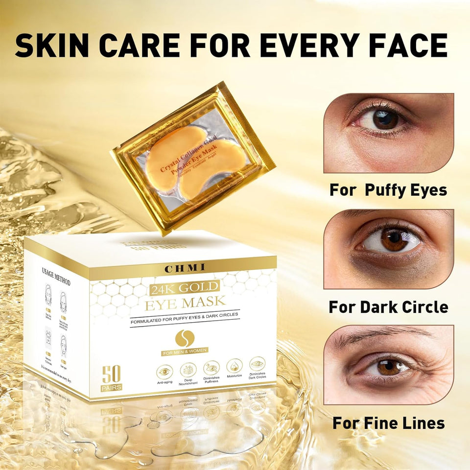 CHMI Under Eye Patches (50 Pairs) - 24K Gold Eye Patches for PLffy Eyes, Dark Circles, EyeBags and Wrinkles, Collagen Skin Care Products, Beauty & Personal Care