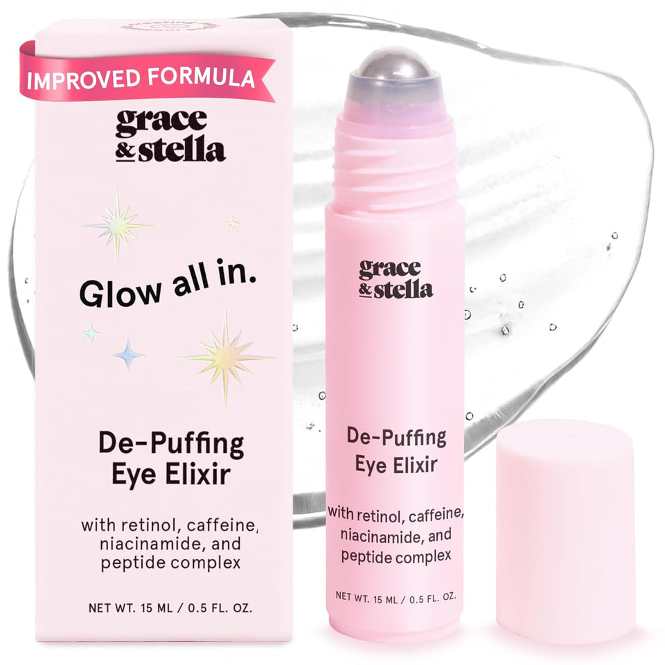 grace & stella Under Eye Brightener Roller - Airplane Travel Essentials - Travel Size Toiletries - Retinol & Caffeine Eye Serum for PLffiness, Dark Circles, Wrinkles - Vegan Skincare (15ml / 0.51floz)