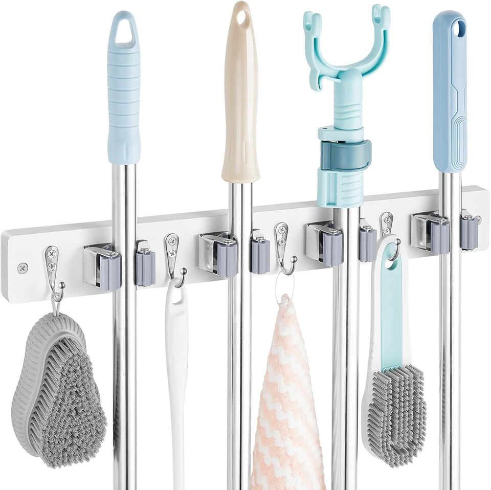 Mop and Broom Holder Wall Mount - Rustic Wood Broom Mop Hanger - Wall Mounted Garden Tool Rack Organizer for Closet Garage Laundry Room Kitchen Decor With 4 Slots & 4 Hooks - PureLivingMart