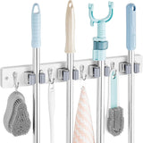 Mop and Broom Holder Wall Mount - Rustic Wood Broom Mop Hanger - Wall Mounted Garden Tool Rack Organizer for Closet Garage Laundry Room Kitchen Decor With 4 Slots & 4 Hooks - PureLivingMart
