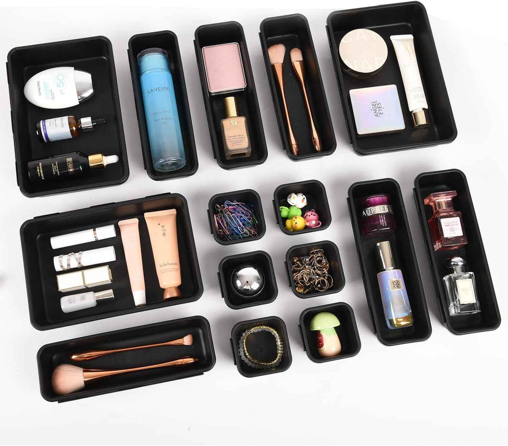 15 PCS Interlocking Desk Drawer Organizer Separator for Office,Bathroom,Kitchen,Makeup（Black）