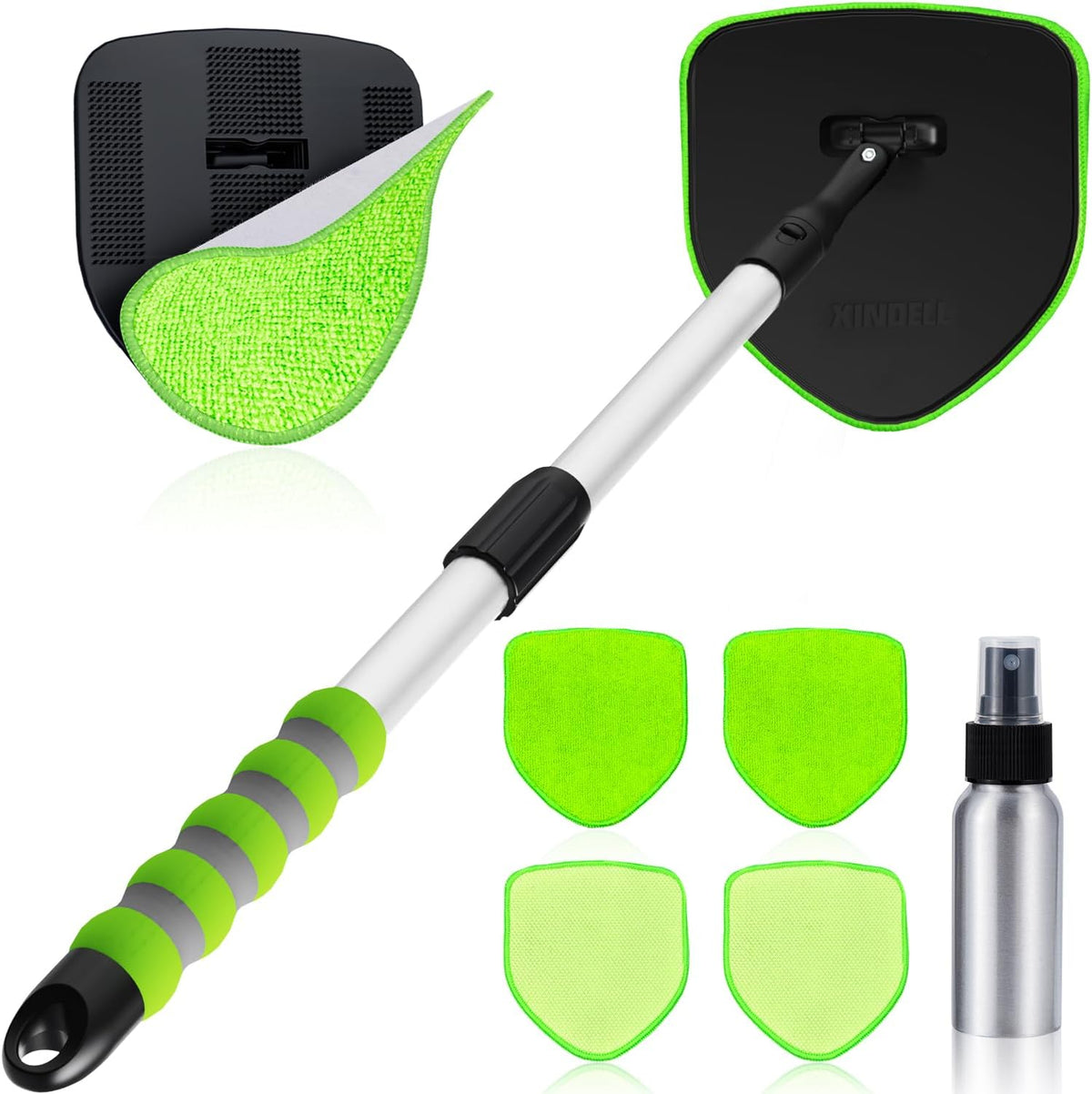 XINDELL Extendable Windshield Cleaner for Car, Long Handle Car Interior Glass Cleaning Tool with Pivot Head – Reusable Microfiber Pads, Streak-Free Auto Detailing Kit for SUV Truck
