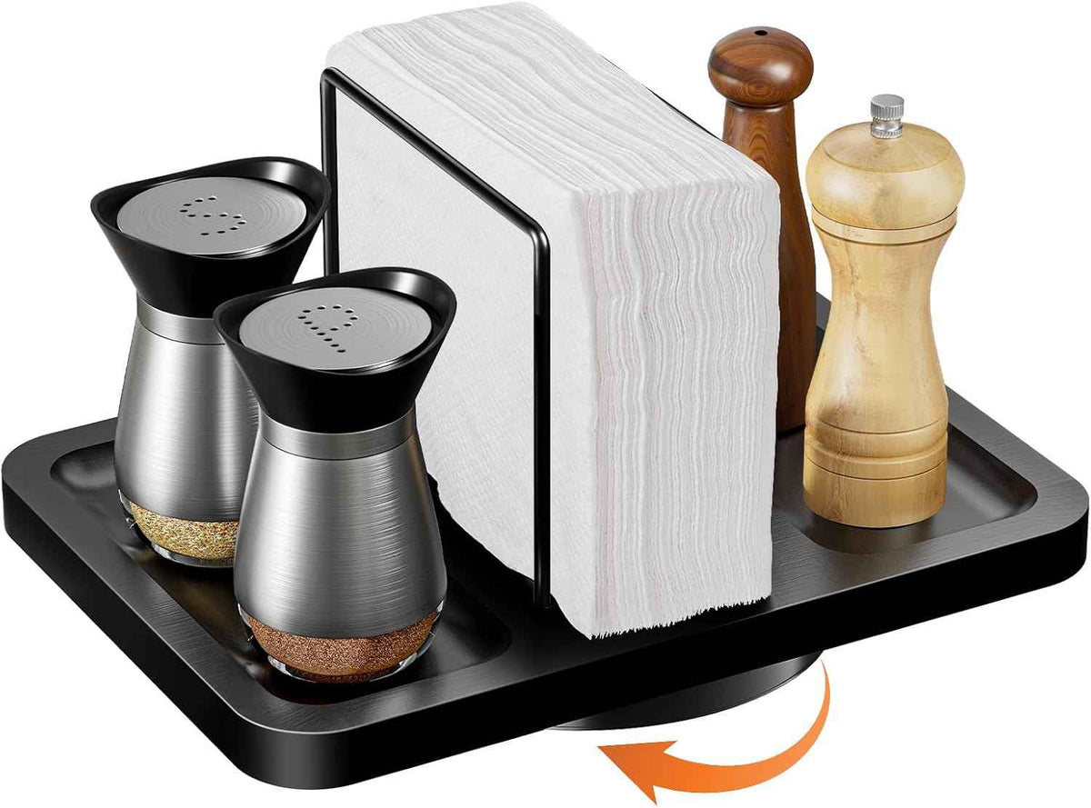 Napkin Holder for Table, Rotating Metal Napkin Dispenser with Salt and Pepper Shakers Caddy Standing Paper Towel Holder for Bathroom Kitchen Dining Table Decor Not Including Shakers