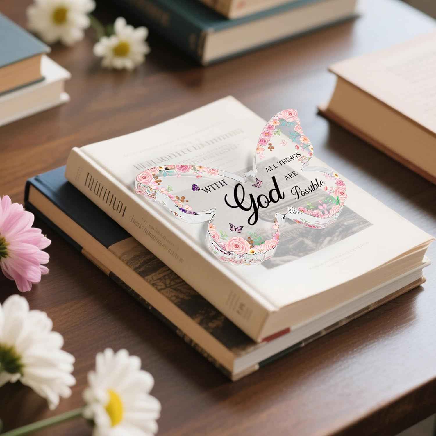 Office Desk Decor for Women Pink Desk Accessories Decoration Pink Butterfly Christmas Gifts for Women Birthday Inspirational Religious Gift for Office Room Decor