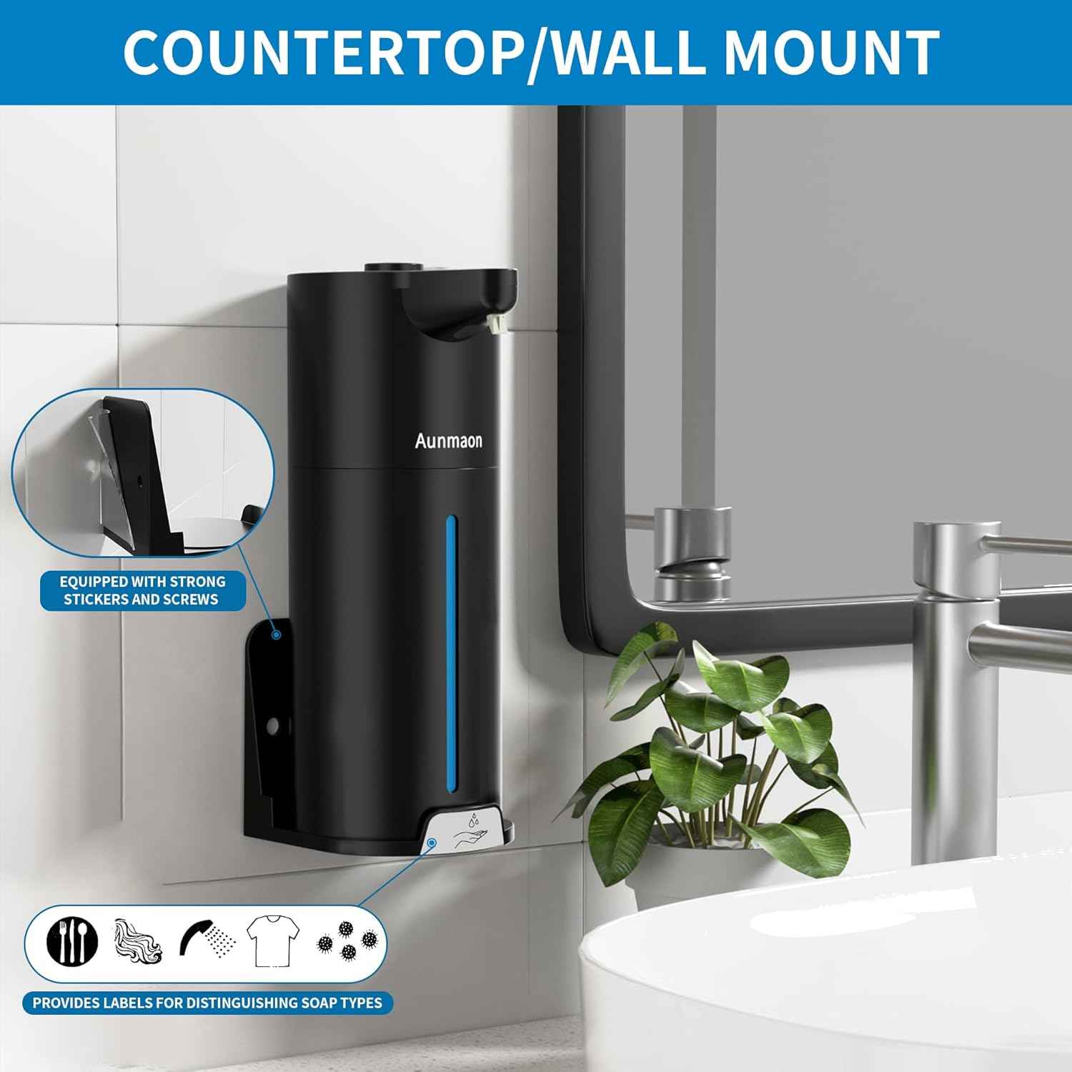 Aunmaon Automatic Soap Dispenser Touchless, Hands-Free, Multi Adjustable Volume, Long Battery Life, Compatible with Thick & Thin Dish/Hand Soap for Bathroom and Kitchen, Easy for Toddlers, Black