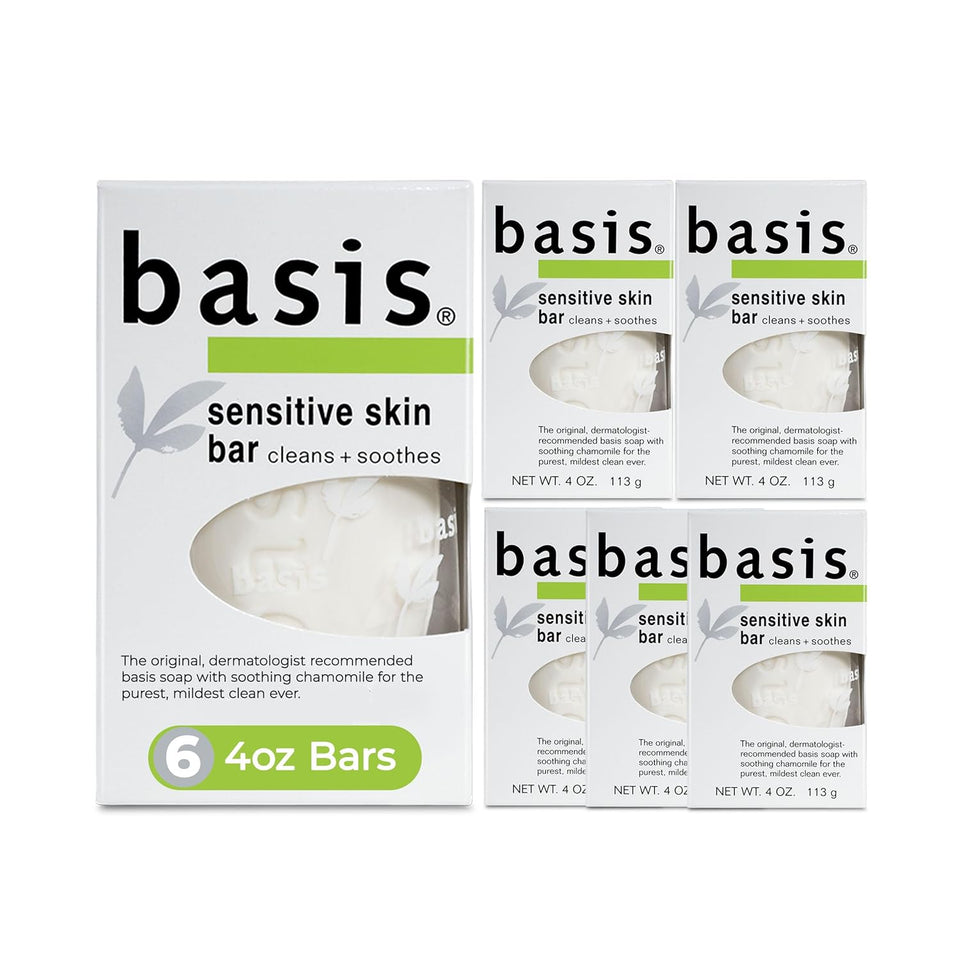 Basis Sensitive Skin Bar Soap for Body, Hands and Face, Unscented Soap Bar for Sensitive Skin with Chamomile and Aloe Vera, Bar Soap Bulk Pack, 4 Oz Bar, Pack of 6