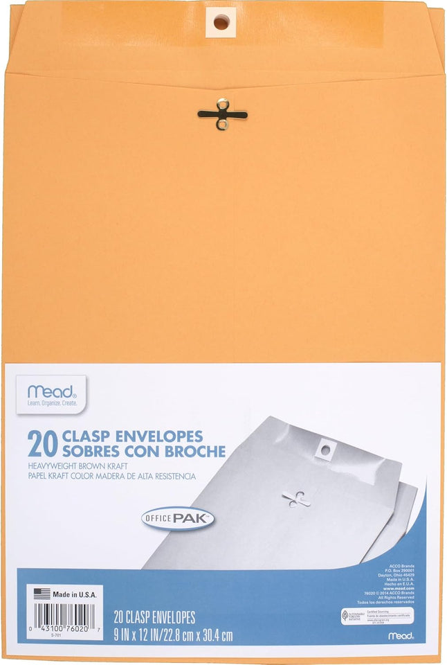 Mead Envelopes, 9" x 12", Clasp Closure, Brown Kraft All-PLrpose 24-lb Paper Mailing Envelopes, 20 Count (76020)
