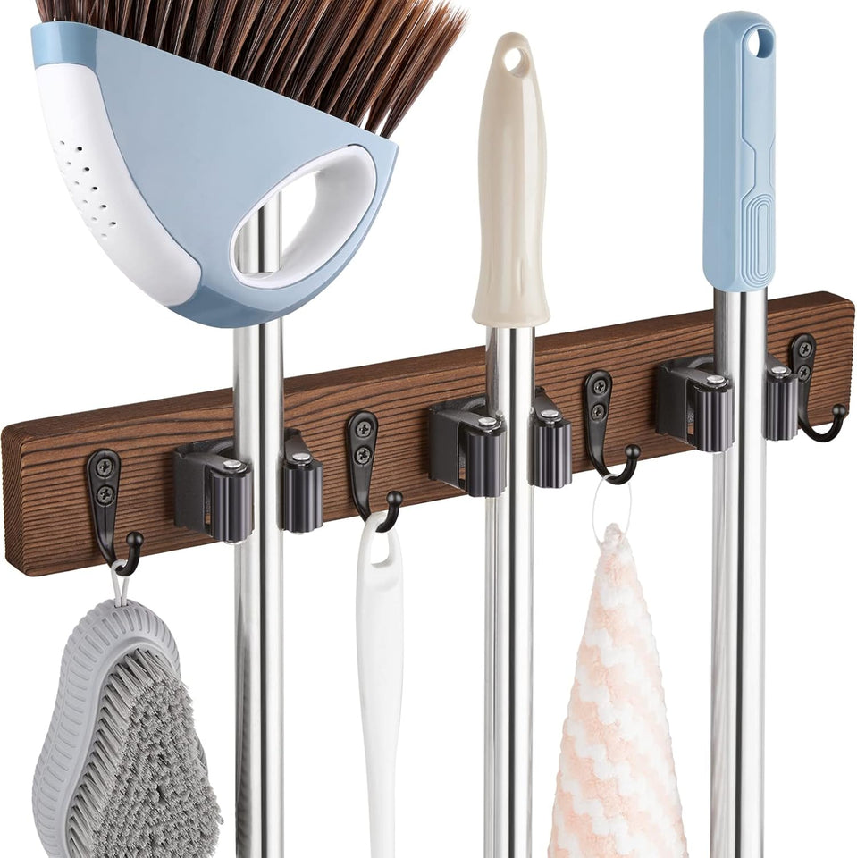 Mop and Broom Holder Wall Mount - Rustic Wood Broom Mop Hanger - Wall Mounted Garden Tool Rack Organizer for Closet Garage Laundry Room Kitchen Decor With 4 Slots & 4 Hooks - PureLivingMart