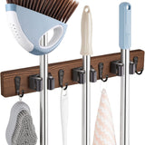 Mop and Broom Holder Wall Mount - Rustic Wood Broom Mop Hanger - Wall Mounted Garden Tool Rack Organizer for Closet Garage Laundry Room Kitchen Decor With 4 Slots & 4 Hooks - PureLivingMart