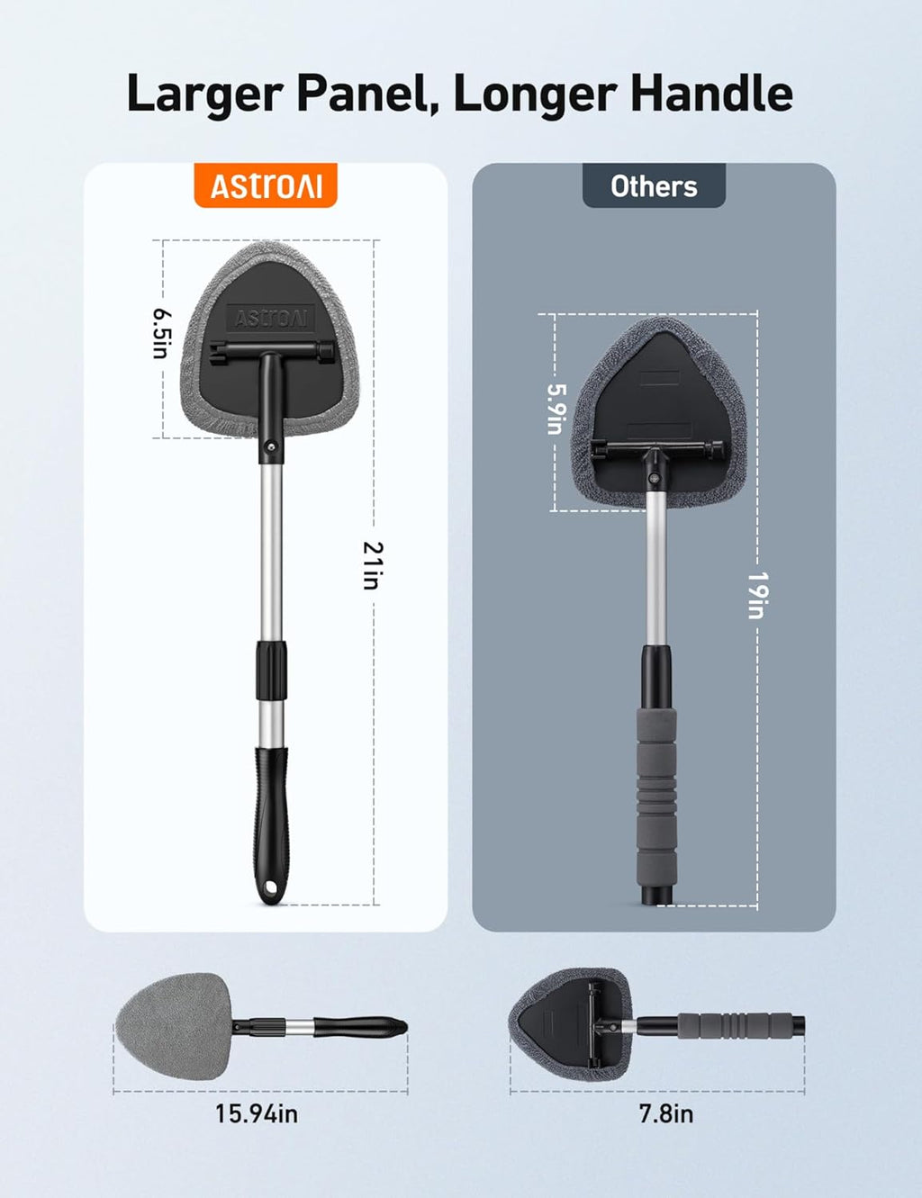 AstroAI Windshield Cleaner Tool, Extendable Handle, 4 Reusable Microfiber Pads, Auto Glass Cleaning Kit, Gray, 15.9-21in