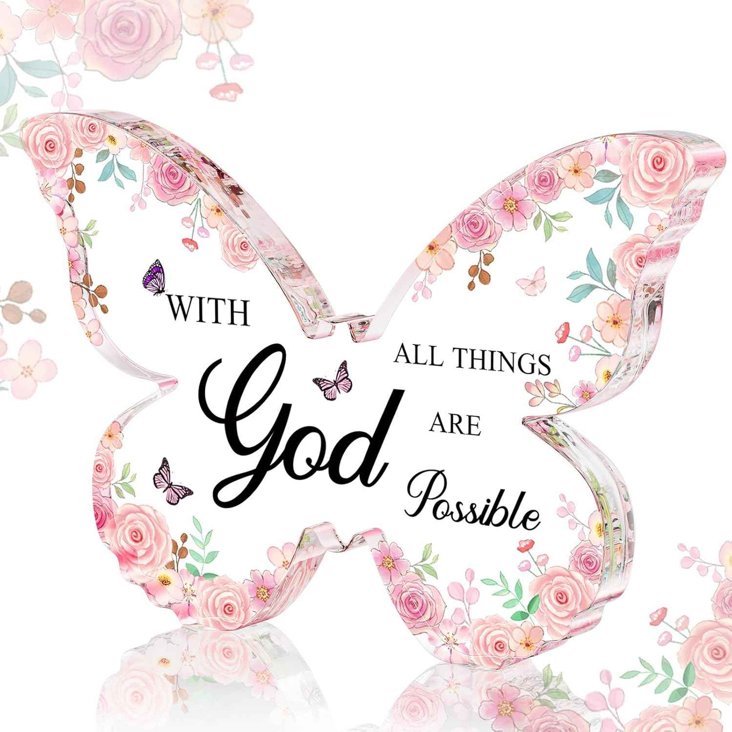 Office Desk Decor for Women Pink Desk Accessories Decoration Pink Butterfly Christmas Gifts for Women Birthday Inspirational Religious Gift for Office Room Decor