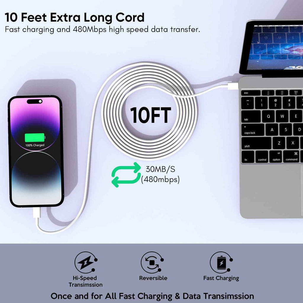 apple mfi certified 10ft iphone fast charger, 2-pack pd dual apple fast charger usbc charge block